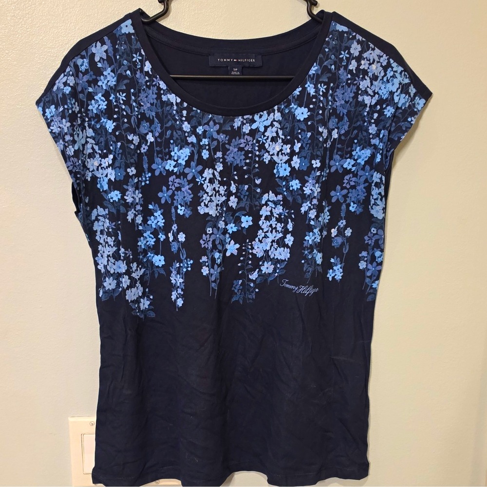 Tommy Hilfiger Navy Floral Knit Scoop Neck Cap Sleeve T-Shirt Size S #376